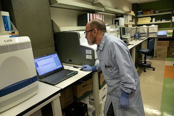 Un scientifique médical observe sur un ordinateur les résultats d'un test positif de coronavirus au département de virologie de l'Université de Washington.