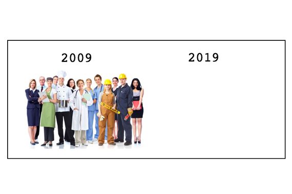 Un peu à l'image du #10yearschallenge, illustrant un surplus d'employés en 2009 et aucun employé en 2019